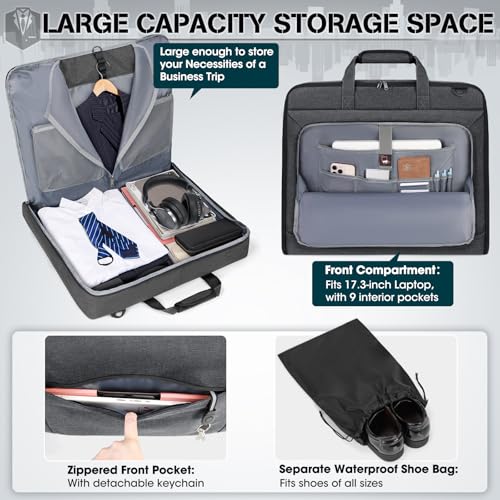 RAINSMORE Garment Bags for Travel Carry On Garment Bag for Hanging Clothes, Suit Bag for Business Trips with Shoes bag & Shoulder Strap, Waterproof Foldable Suit Luggage Bag for Men Women, Gray - color: Grey