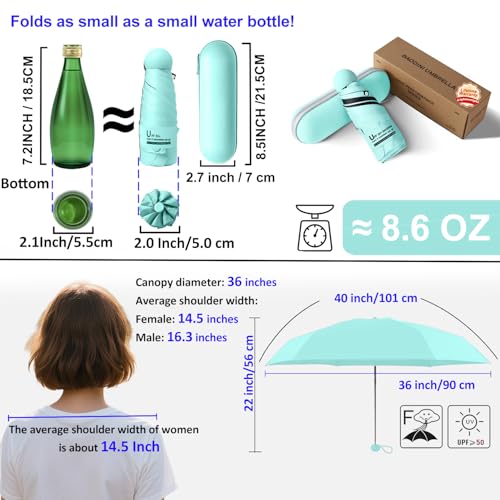 BAODINI Travel Essentials Mini Umbrella for Purse With Case Small Compact UV Sun Protection Lightweight Tiny Pocket Manual Open Close Umbrella for Women Kids and Men Fits Purse Backpack - color: E-2 Pack Light Green & Beige
