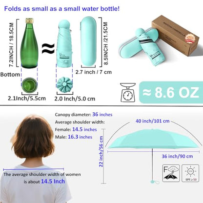 BAODINI Travel Essentials Mini Umbrella for Purse With Case Small Compact UV Sun Protection Lightweight Tiny Pocket Manual Open Close Umbrella for Women Kids and Men Fits Purse Backpack - color: E-2 Pack Light Green & Beige