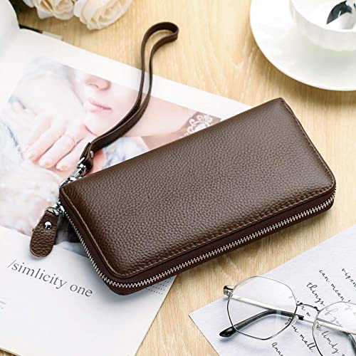 Moflycom Womens Wallet RFID Blocking Genuine Leather Zip Around Wallet Clutch Wristlet Travel Long Purse for Women - color: Coffee