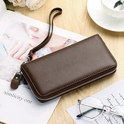 Moflycom Womens Wallet RFID Blocking Genuine Leather Zip Around Wallet Clutch Wristlet Travel Long Purse for Women - color: Coffee