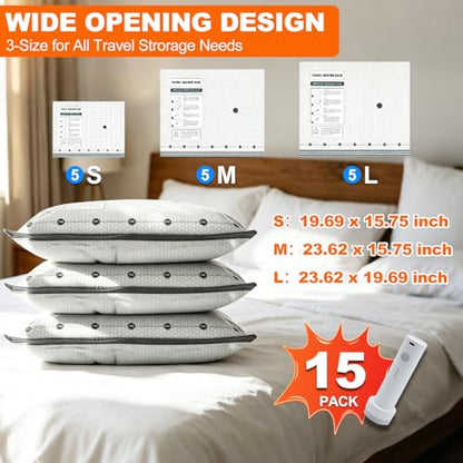 Travel Vacuum Storage Bags with Electric Pump, 15 Pack Vacuum Seal Bags for Clothing Travel, Portable Carry-on Luggage Compression Bag - size: 15 Combo Travel Sizes