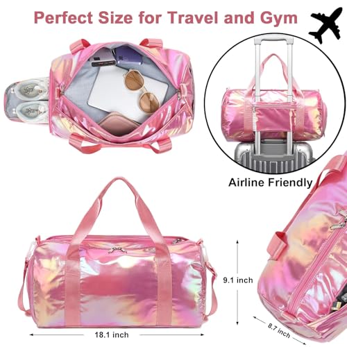 Gym Bag Sports Duffle Bag with Wet Pocket Weekender Overnight Bag with Waterproof Shoe Pouch and Air Hole for Girls Kids Women Travel Foldable Bag - color: W-Pink