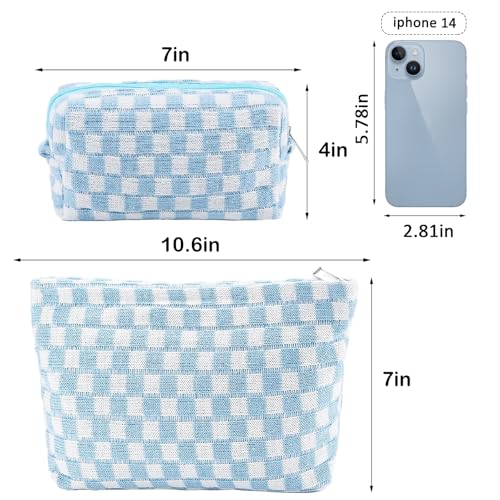 ZLFSRQ 2Pcs Checkered Makeup Bag for Women Large Small Checkered Cosmetic Bag Set Aesthetic Preppy Pencil Case Cute Pencil Pouch Blue Makeup Pouch for Purse Travel Toiletry Bags Zipper Skincare Bags - color: B-Checkered 2Pcs Mix Blue