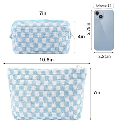 ZLFSRQ 2Pcs Checkered Makeup Bag for Women Large Small Checkered Cosmetic Bag Set Aesthetic Preppy Pencil Case Cute Pencil Pouch Blue Makeup Pouch for Purse Travel Toiletry Bags Zipper Skincare Bags - color: B-Checkered 2Pcs Mix Blue