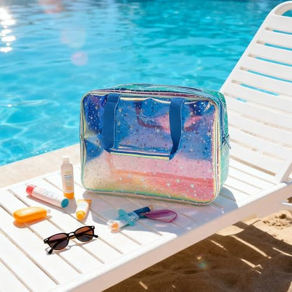 Holographic Blue Clear Star Large Cosmetic Bag and TPU Travel Pouch with Handle,Durable Material,Zipper Design-Ideal for Makeup,Travel Essentials (Holographic Blue+Star) - color: Holographic blue+Star