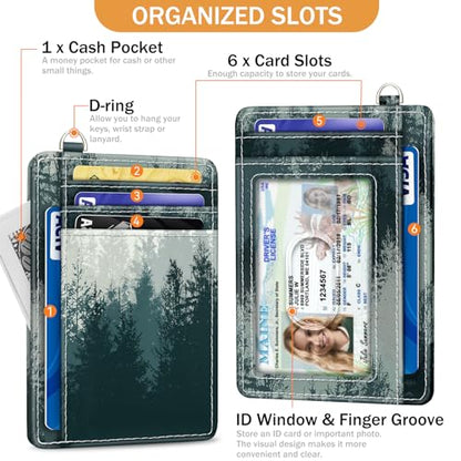 Yonlevres Credit Card Holder Slim Wallet, Forest RFID Wallet Women Front Pocket Small Card Holder, Travel Cute Funny Thin Card Case ID Window PU Leather RFID Blocking Card Organizer Gifts Girls Ladies - color: Forest