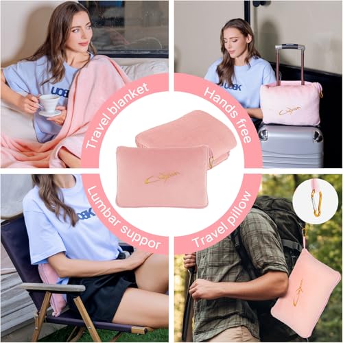 Travel Blanket and Pillow Set, 300 GSM Soft Fleece, 60x43 Inches, 3-in-1 Compact with Bag, Pink - color: Pink
