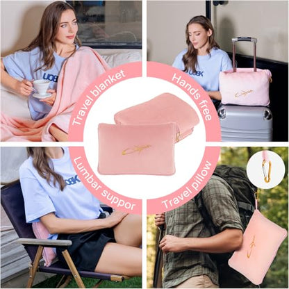 Travel Blanket and Pillow Set, 300 GSM Soft Fleece, 60x43 Inches, 3-in-1 Compact with Bag, Pink - color: Pink