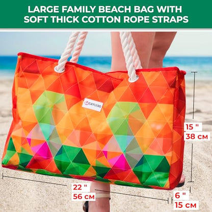 Beach Bag and Pool Bag Has Cooler Pocket, 7 Pockets Total, Zip Top. Family Size Waterproof Beach Tote - color: Colorful Starfish