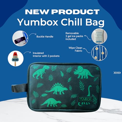 Yumbox Chill Snack Bag, Insulated Freezable Snack Bag with 2 Removable Gel Ice Packs, Cooler for Snacks & Small Meals, Freezer Safe, Lightweight, Dark Green Bag with Dinosaurs Print - color: Dinos
