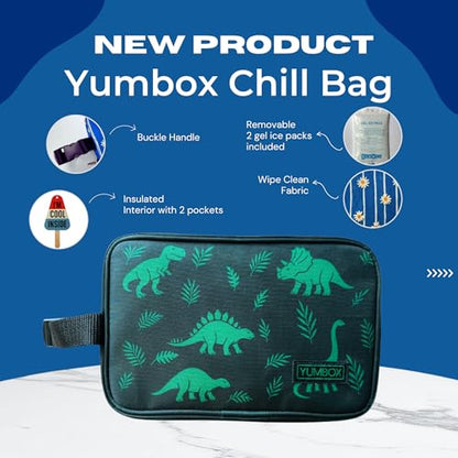 Yumbox Chill Snack Bag, Insulated Freezable Snack Bag with 2 Removable Gel Ice Packs, Cooler for Snacks & Small Meals, Freezer Safe, Lightweight, Dark Green Bag with Dinosaurs Print - color: Dinos