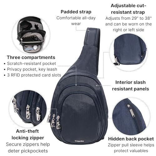 Baggallini Securtex® Anti-Theft Multi Zip Sling - Lightweight 8.6"x15.2" Travel Bag with Locking Zippers & RFID Protection - color: French Navy