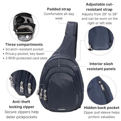 Baggallini Securtex® Anti-Theft Multi Zip Sling - Lightweight 8.6"x15.2" Travel Bag with Locking Zippers & RFID Protection - color: French Navy