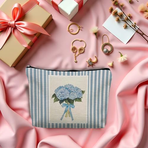 Blue Hydrangea Makeup Bag, Coquette Blue Bow Floral Cosmetic Bags Gifts for Women, Preppy Girly Striped Portable Travel Toiletry Bag Zipper Makeup Pouch - color: Flower two