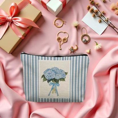 Blue Hydrangea Makeup Bag, Coquette Blue Bow Floral Cosmetic Bags Gifts for Women, Preppy Girly Striped Portable Travel Toiletry Bag Zipper Makeup Pouch - color: Flower two