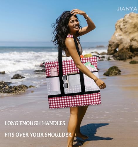 JIANYA Beach Bag Women Waterproof Sandproof Beach Tote Bags with Cooler Top Zipper Large Totes for Pool Travel Daily - color: Red Checked Pattern