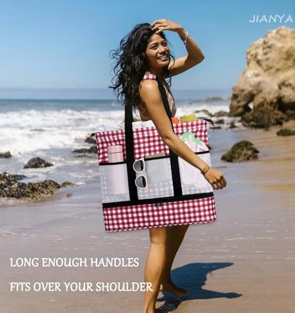 JIANYA Beach Bag Women Waterproof Sandproof Beach Tote Bags with Cooler Top Zipper Large Totes for Pool Travel Daily - color: Red Checked Pattern