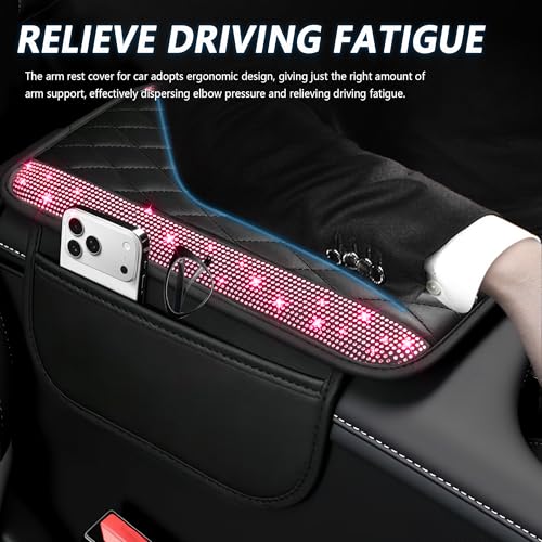 Stacool Upgraded Car Center Console Cover with Rhinestones,Microfiber Leather Car Armrest Cover Cushion with 2 Storage Bags,Universal Cars Armrest Storage Box as Cars Interior Accessories - color: Upgraded Diamond - Bling Red