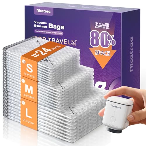 Nicetree 24-Pack Vacuum Storage Bags with Rechargeable Wireless Pump | 3 Sizes (20/24/28 Inch) Travel Vacuum Seal Bags for Clothing, Bedding & Seasonal Storage | Space Saver for Luggage - style: 24 Combo Set