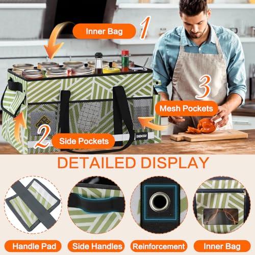 Upgrade Extra Large Utility Tote Bag with Reflective Strip, Standing Reusable Grocery Bags with Hard Bottom, Collapsible Utility Tote with Handles for Shopping, Beach, Picnics, Car, Twill Green - color: Twill Green