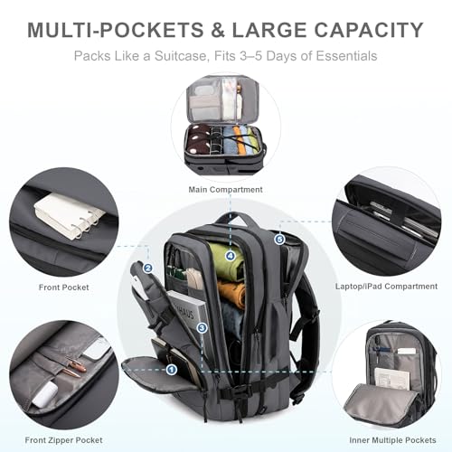 BAGOK Carry On Travel Backpack, 35L-40L Expandable Extra Large Airline Approved,Lightweight Daypack for Men and Women（Gray） - color: Gray, size: Large
