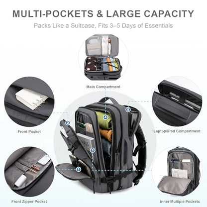 BAGOK Carry On Travel Backpack, 35L-40L Expandable Extra Large Airline Approved,Lightweight Daypack for Men and Women（Gray） - color: Gray, size: Large