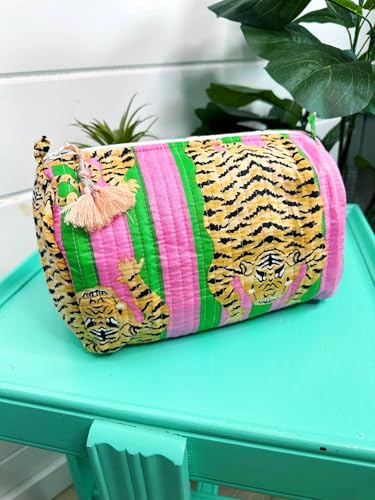 YILLE Set of 3 Pieces Block Printed Travel Organizer Kit Storage Bag for Women Makeup Bag Travel Cosmetic Bag (Pink Green Fat Tiger) - color: Pink Green Fat Tiger