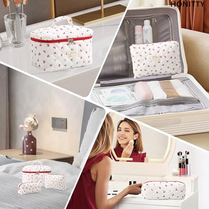honitty Makeup Bag,Quilted Cosmetic Bags,Large Floral Make Up Organize bag,Makeup Bag Set for Women,Flower Travel Toiletry Bag - color: Cherry-2