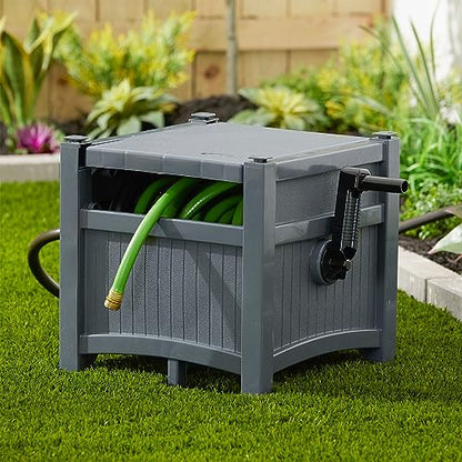 Suncast Garden Hose Hideaway Storage Reel Box, Cyberspace Grey – Resin Outdoor Container, Holds up to 100 Feet of 5/8 Inch Standard Vinyl Water Line – No Assembly Required - size: 100' (Cyberspace)