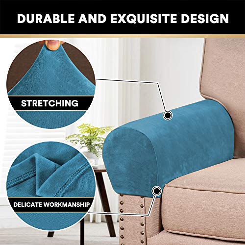 PrinceDeco 2 Pack Thick Velvet Stretch Armrest Covers for Chairs and Sofas, Non Slip, Blue - color: Blue