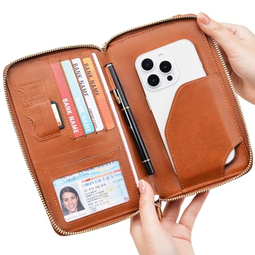 GOIACII Passport Wallet Travel Crossbody Bags for Women Wristlet Phone Purse Double Zip Vegan Leather Brown - color: A01 Brown