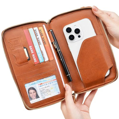 GOIACII Passport Wallet Travel Crossbody Bags for Women Wristlet Phone Purse Double Zip Vegan Leather Brown - color: A01 Brown