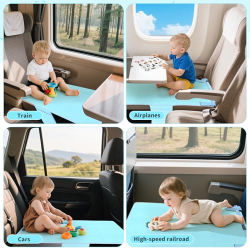 Omzer Baby Toddler Airplane Bed - Flyaway Kids Airplane Bed for Toddler Airplane Seat Extender for Kids with 2 Pockets and Toys Portable Lightweight Baby Travel Essential Footrest for Flights - Blue