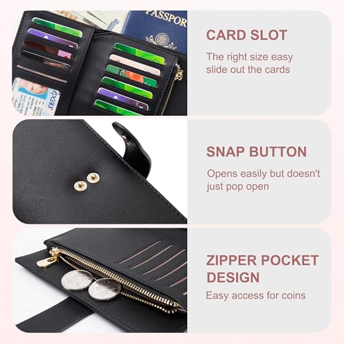 yiijay Wallet Women RFID Blocking Leather Trifold Clutch Wallet Credit Card Holder Ladies Travel Wallet Purse with Pen Holder - color: 1Black