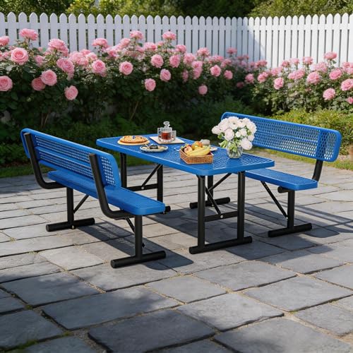 6FT Outdoor Metal Picnic Table with 2 Benches,Heavy Duty Rectangular Picnic Table Set for Outside, Waterproof Commercial Restaurant Table Furniture for Park, Campfield, Patio, Garden, Yard - color: Set A-blue, size: 6FT