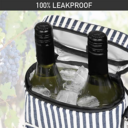 opux Wine Bag 2 Bottle Wine Tote Carrier, Insulated Wine Cooler Bag for Travel Picnic, Leakproof Portable Padded Case, Wine Gifts For Women Men Wine Lovers Christmas, Navy White Stripes - color: Navy Stripes