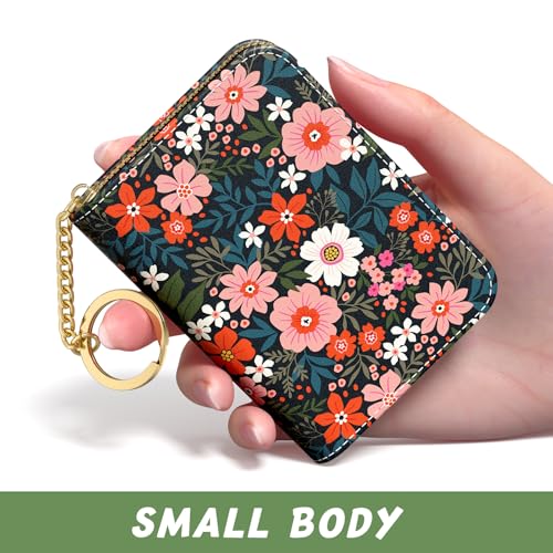 Aiawoxc Credit Card Holder, Small RFID Wallet Slim Leather Card Organizer Case with Zipper and Keychain, Cute Flowers - color: B-Cute Flowers, size: Keychain