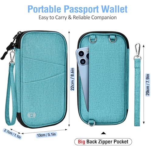 BKNOOU Family Passport Holder RFID Blocking Travel Document Organizer | Large Capacity (5 passports+13 cards), RFID Blocking, Air Travel Essentials, Detachable Wrist Strap and Shoulder Strap - color: 06 Blue