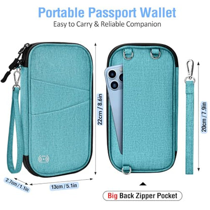 BKNOOU Family Passport Holder RFID Blocking Travel Document Organizer | Large Capacity (5 passports+13 cards), RFID Blocking, Air Travel Essentials, Detachable Wrist Strap and Shoulder Strap - color: 06 Blue