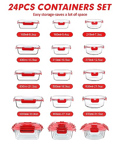 VERONES 12 Packs Glass Food Storage Containers Set, Airtight Glass Lunch Containers, Glass Meal Prep Containers with Lids,Exclusive of BPA, for Microwave, Oven, Freezer & Dishwasher Friendly,Red - color: Red