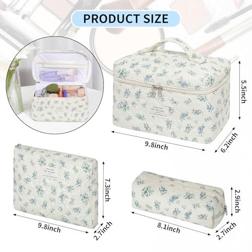 senbowe Floral Makeup Bag, 3 Pack Large Cotton Quilted Makeup Bag Set, Cute Floral Coquette Aesthetic Toiletry Bag Make Up Cosmetic Bag for Women, Toiletry Travel Make Up Organizer Bag - color: Blue-Green Flower