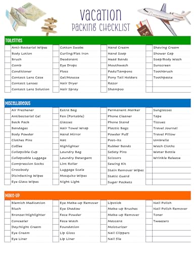 Vacation Packing List - Never Forget Essential Travel Items! Reusable Laminated & Double Sided - The Perfect Packing list for All Ages