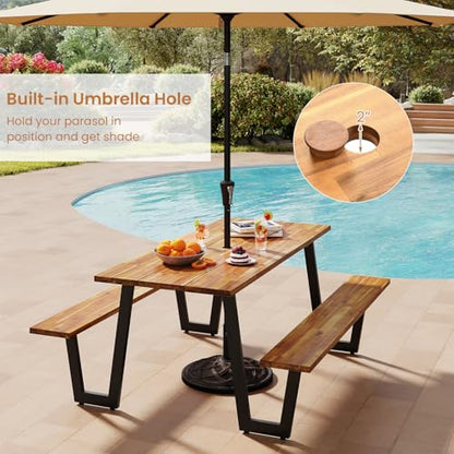Giantex 71" Picnic Table Bench Set for 6-8, Acacia Wood Outdoor Dining Table Set, 2" Umbrella Hole, Heavy Duty Metal Frame, Footrest Bar, Large Rectangular Tabletop for Porch Patio Lawn Garden - size: 71"x30"x30"
