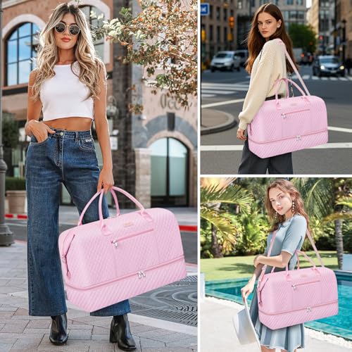 ITIEZY Weekender Overnight Bag for Women - Large Travel Duffel Bag with Shoe Compartment, Gym Duffel Bag Hospital Bag Carry On Tote Bags for Airplanes with Crossbody Bag Toiletry Bag 3Pcs Set - color: 9a-Pink