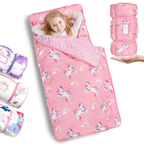 Primlect Thickened Toddler Nap Mat with Removable Pillow and Minky Blanket, Extra Large 55''x35'' Sleeping Bag, Washable, Roll up, Perfect for Daycare, Preschool, Kindergarten, Girls Pink Unicorn - color: Pink