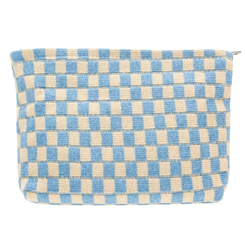 PAZIMIIK Knitted Checkered Makeup Bag Large Zipper Make Up Accessory Pouch for Purse Cosmetic Brush Bag for Travel Essential Blue Beige - color: BLUE BEIGE, size: 1PCS FLAT POUCH