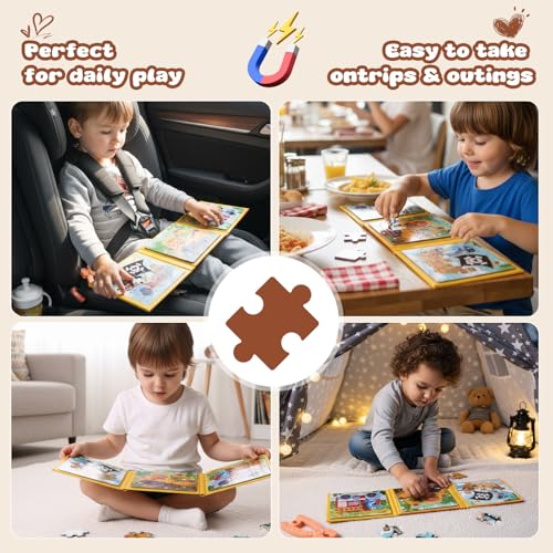 Magnetic Puzzles Super Set for Kids, 6 in 1 Montessori Learning Toys with 100 Pieces, Travel Activities for Toddlers Age 3-5, Preschool Puzzle Game Bundle with Animals, Pirate Ship, Fire Truck - color: Yellow & Green