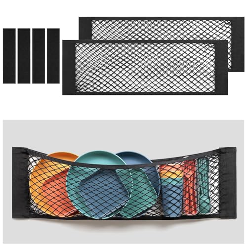 TOBWOLF 2PCS 25x80cm / 9.8x31.5in Mesh Storage Pocket Bag with Tape Sticker, Hook & Loop Elastic Cargo Net RV Netting Pocket, High Capacity Car Trunk Net Wall Sticker Pouch Bag For Car RV Home Storage - color: Hook & Loop Adhesive Stickers, size: 9.8 x 31