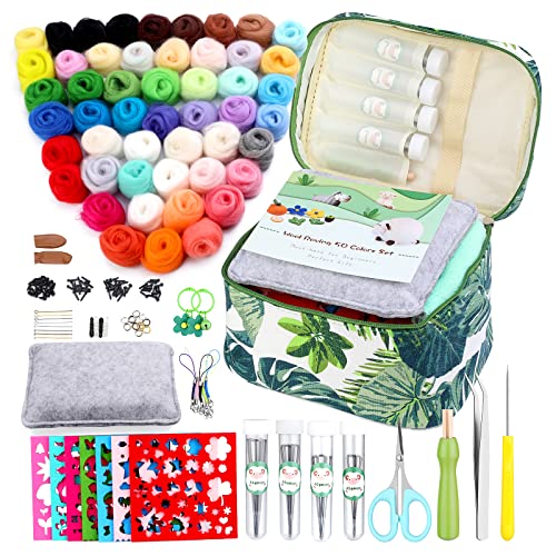 IMZAY Needle Felting Kit, Wool Roving 50 Colors Set with Exquisite Green Storage Bag, Needle Felting Starter Kit, Needle Felting Tools Kit, Wool Felt Tools for Felted Animal Needle Felting Supplies - size: Medium